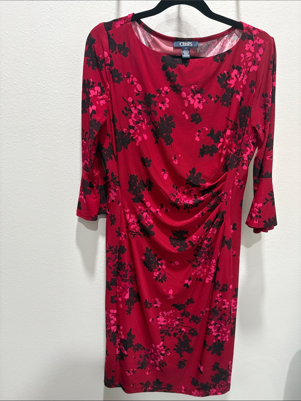 Chaps Red and Pink Floral Draped Sheath Dress